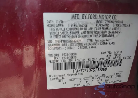 2007 Ford Five Hundred Limited z USA, uszkodzony, nr VIN 1FAHP28137G142809